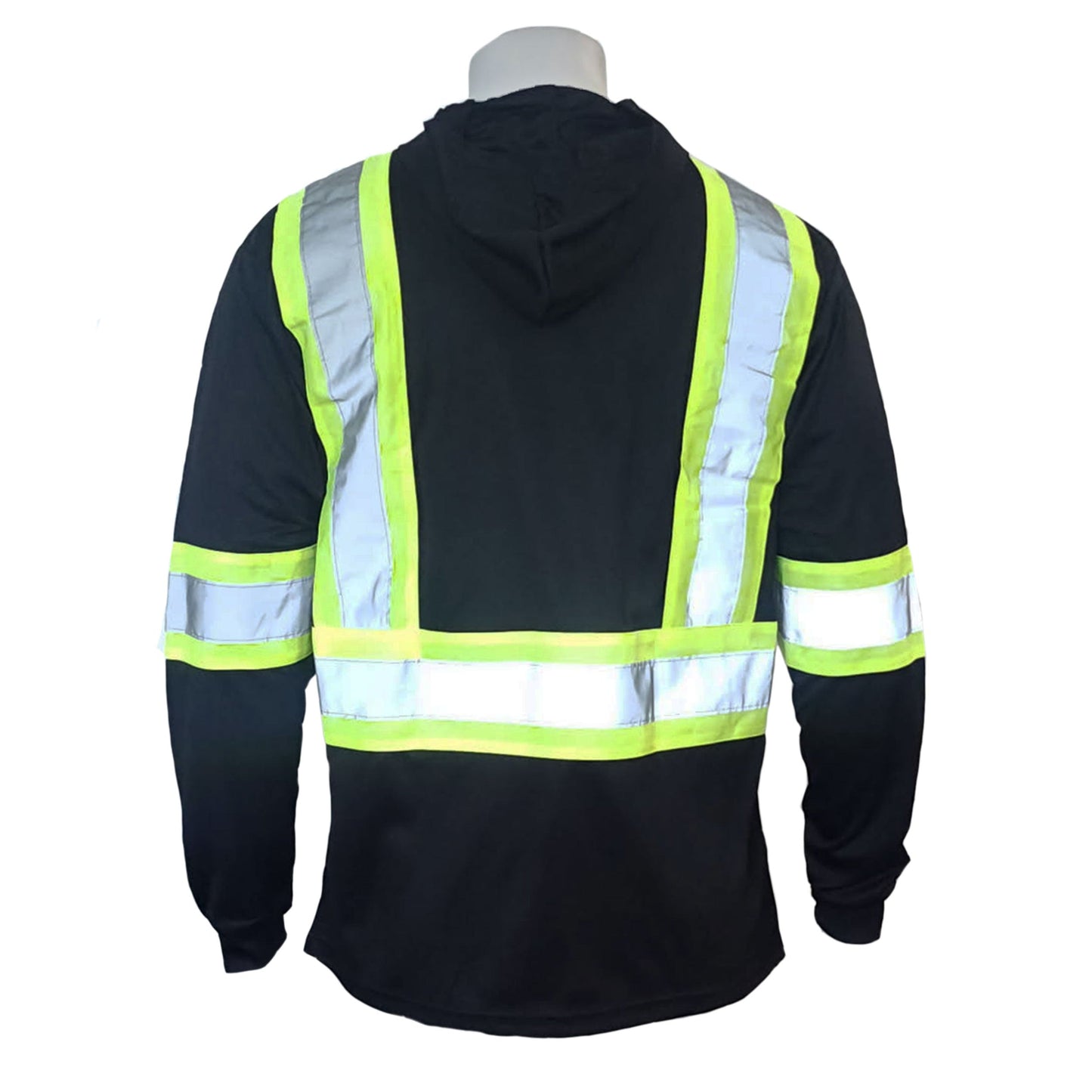 Long Sleeve Hooded Safety Tee with Reflective Stripes & Pocket – 100% Polyester