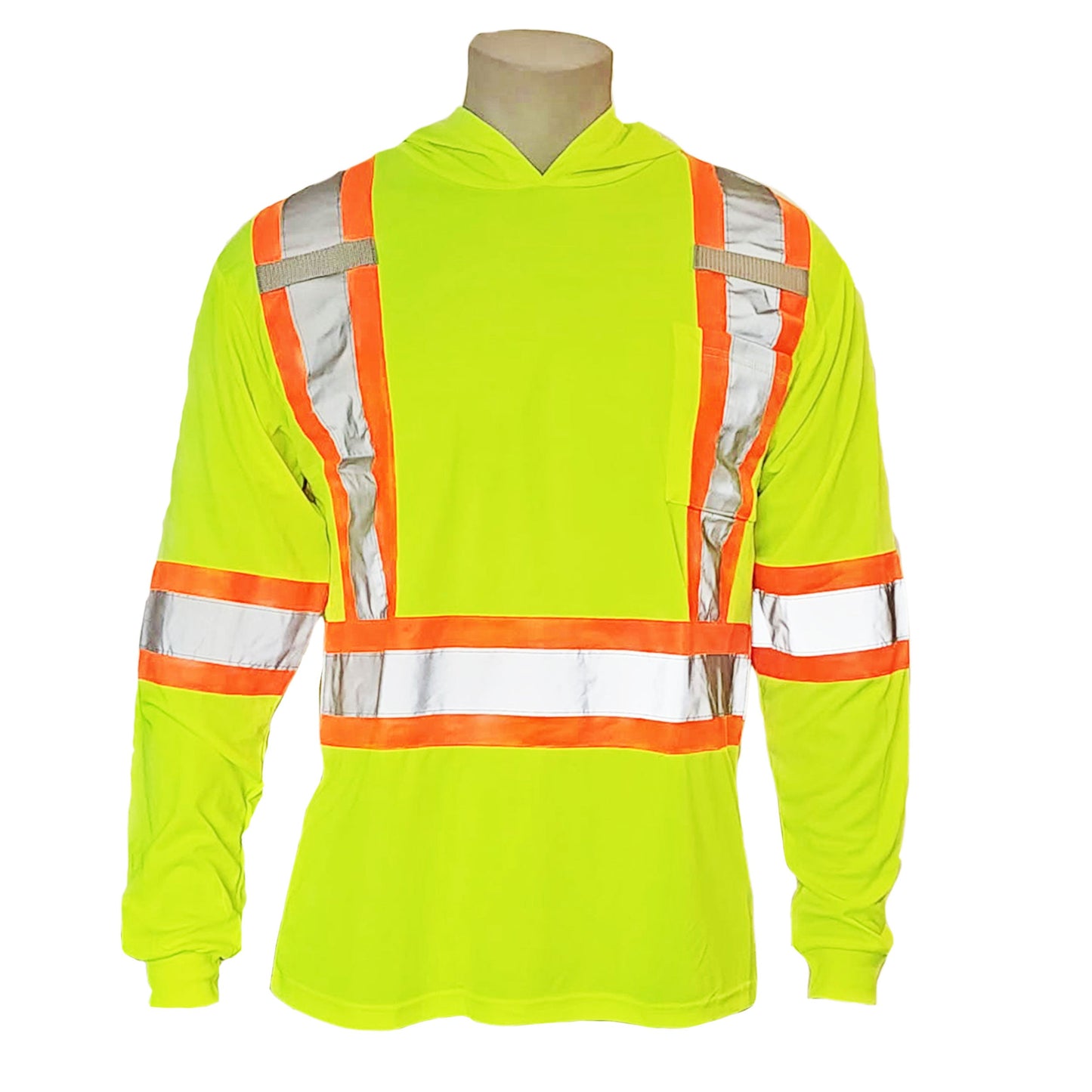 Long Sleeve Hooded Safety Tee with Reflective Stripes & Pocket – 100% Polyester