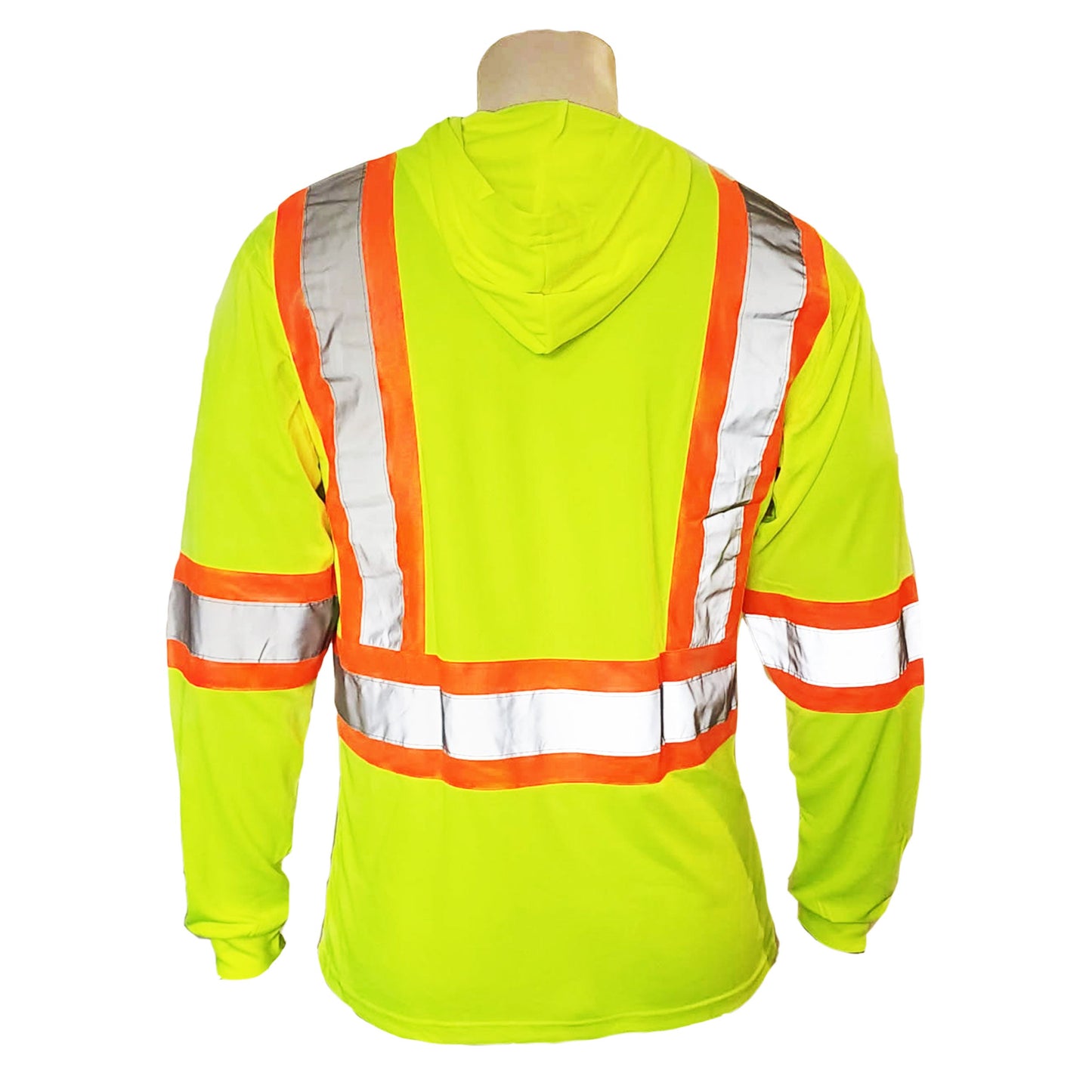 Long Sleeve Hooded Safety Tee with Reflective Stripes & Pocket – 100% Polyester