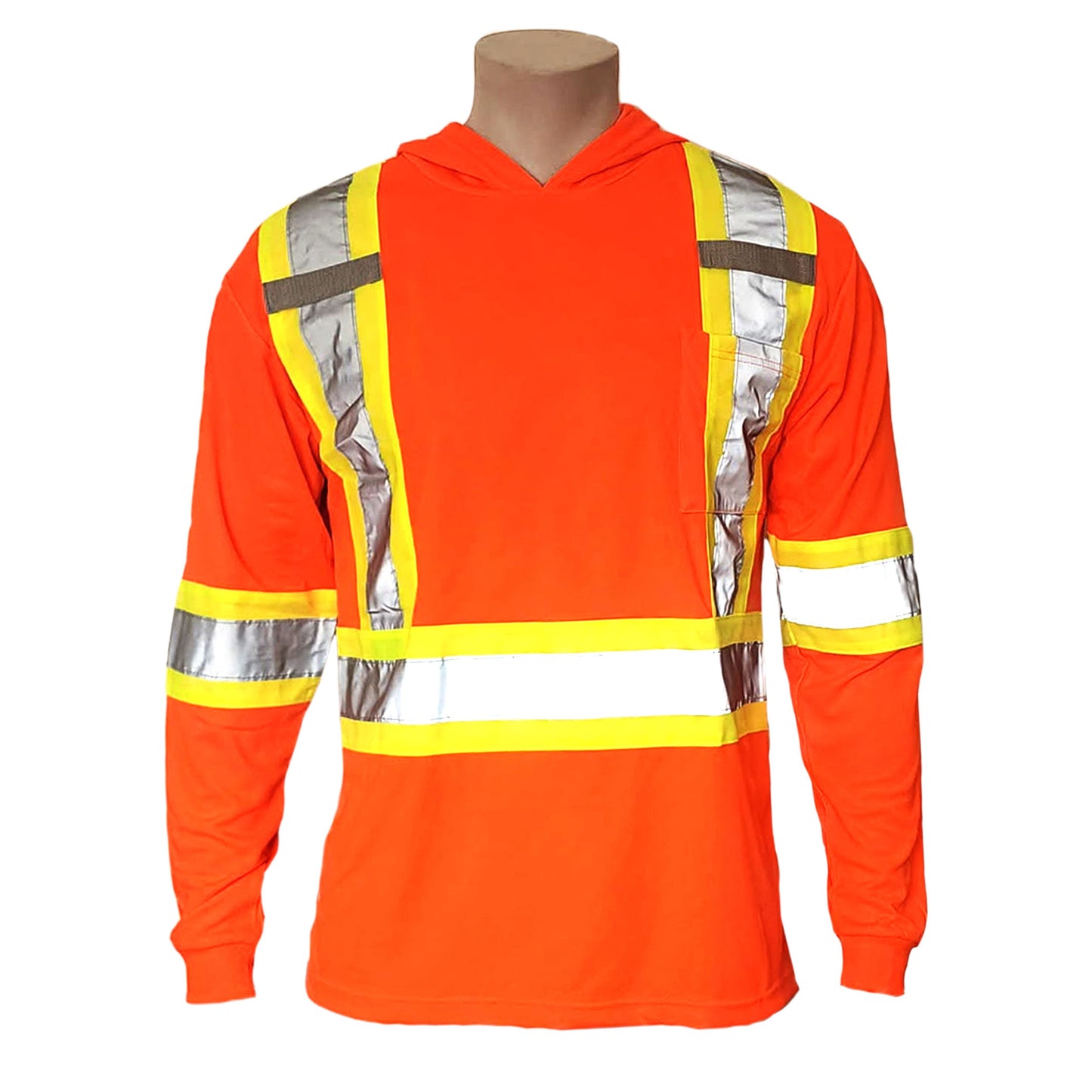 Long Sleeve Hooded Safety Tee with Reflective Stripes & Pocket – 100% Polyester