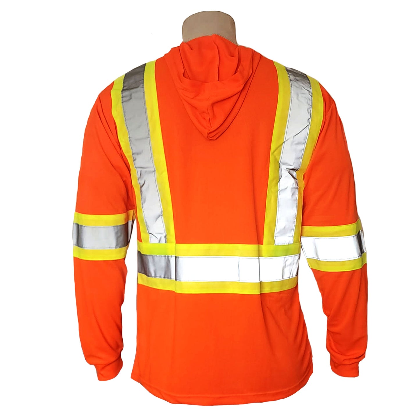 Long Sleeve Hooded Safety Tee with Reflective Stripes & Pocket – 100% Polyester