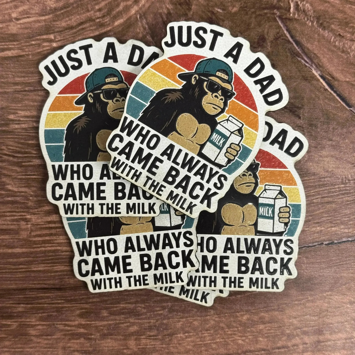 Just a Dad Who Always Came Home With the Milk – Gorilla Version | UV Printed Leather Hat Patch - 🆕 New Arrivals, All Products, Products from Marked & Made, 🎨 Arts + Entertainment, 🎨 Hobbies + Creative Arts - Little Red General Store