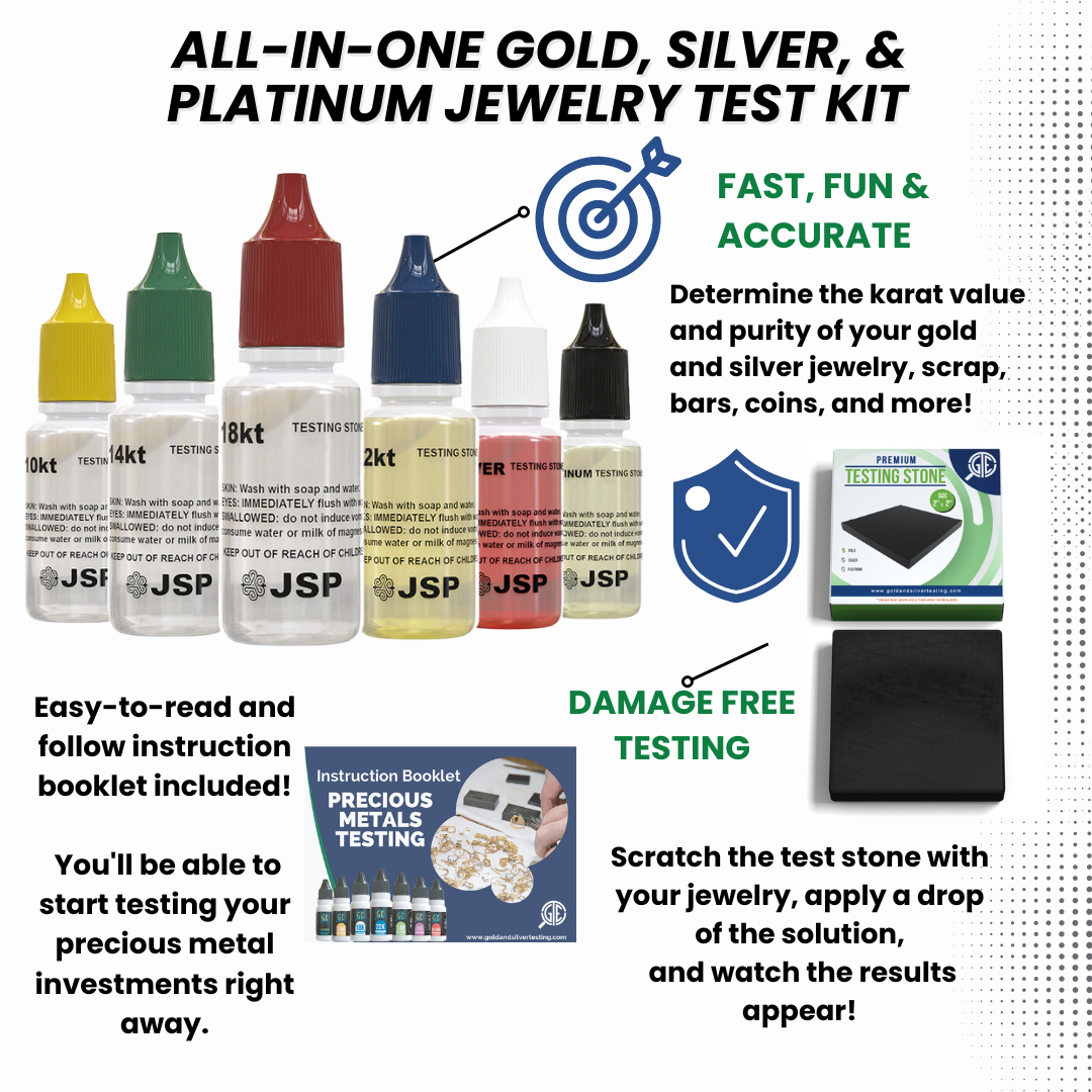Professional Gold, Silver, Platinum Jewelry Testing Kit with Stone Instructions and Box with 30X Eye Loupe Magnifier Precious Metals 10K 14K 18K 22K 24K 999 925 Scrap