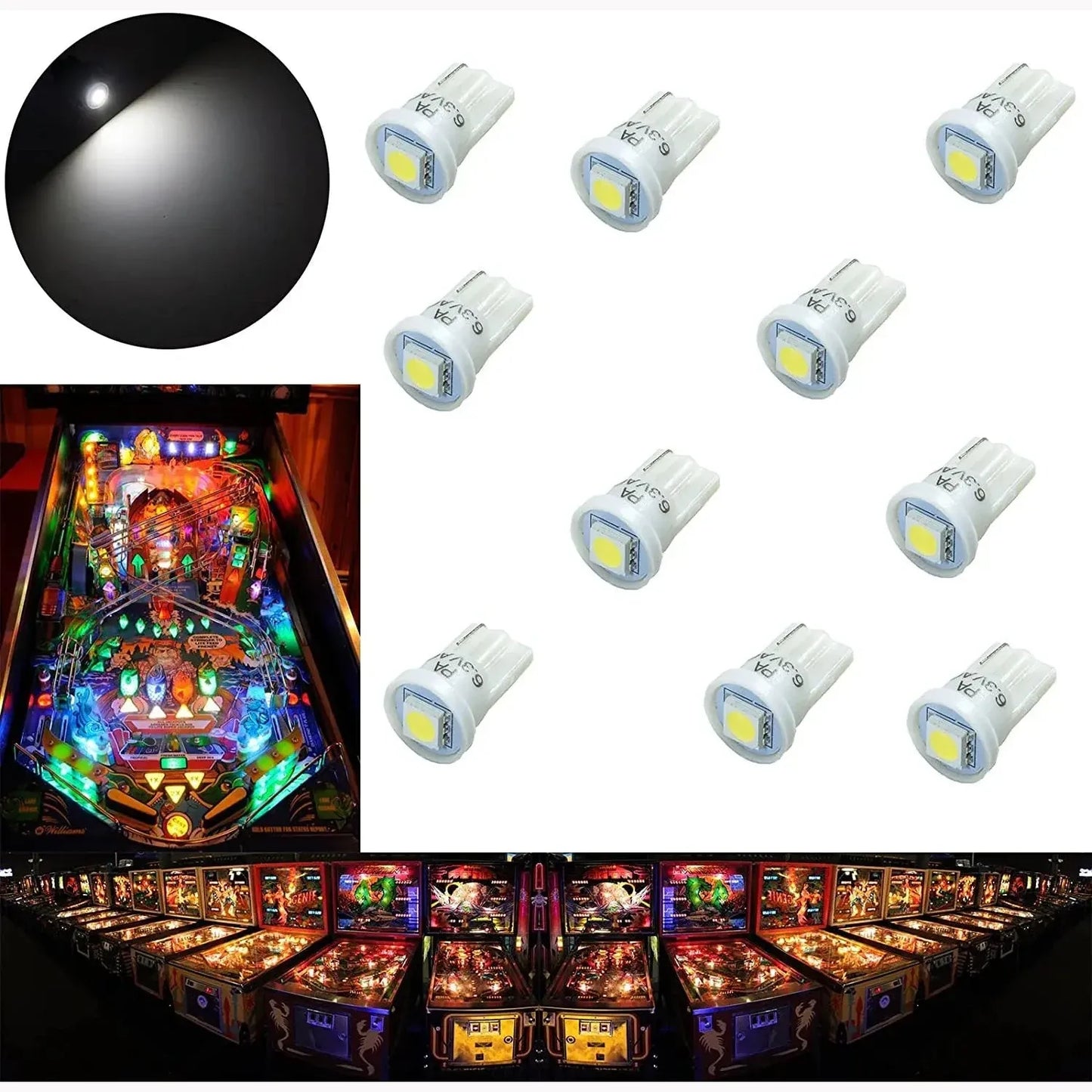 LED Wedge Arcade Pinball Machine Light Bulb 1SMD T10 #555 6.3V AC / DC (10PCS)