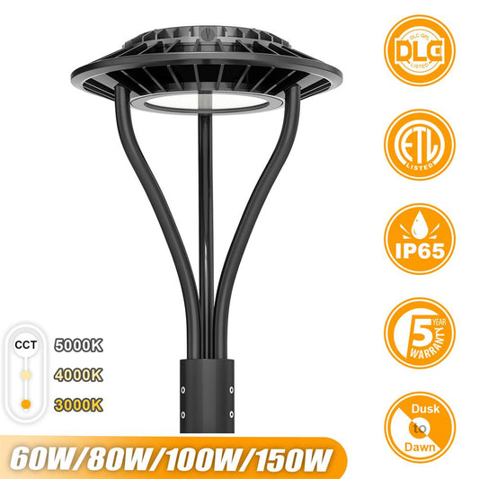 LED Street Post Top Area Circular Lights with Photocell 60W 80W 100W 150W 3000K/4000K/5000K Tunable Outdoor Security Pole Light  ETL DLC Listed