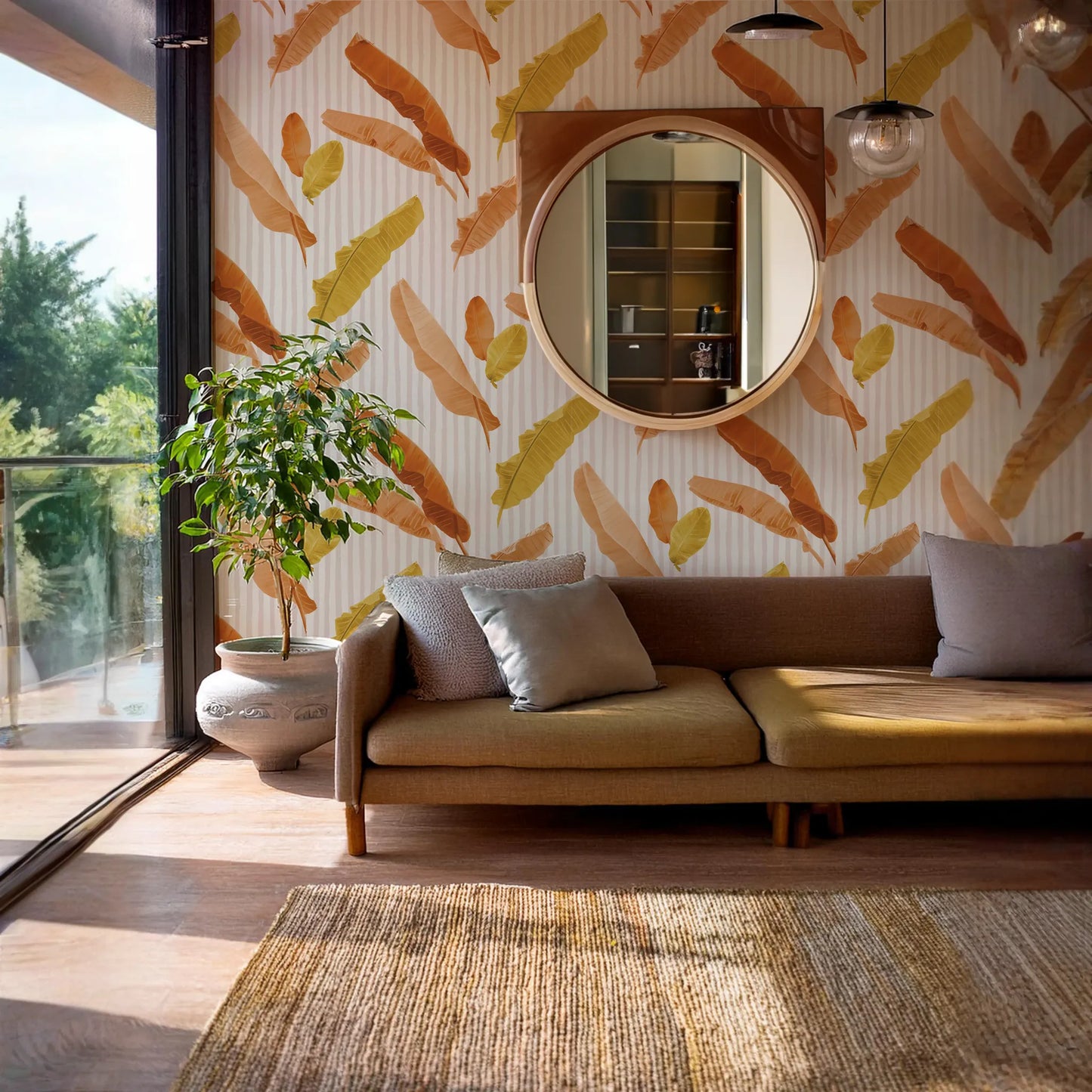 Banana Cabana Wallpaper, rust and mustard