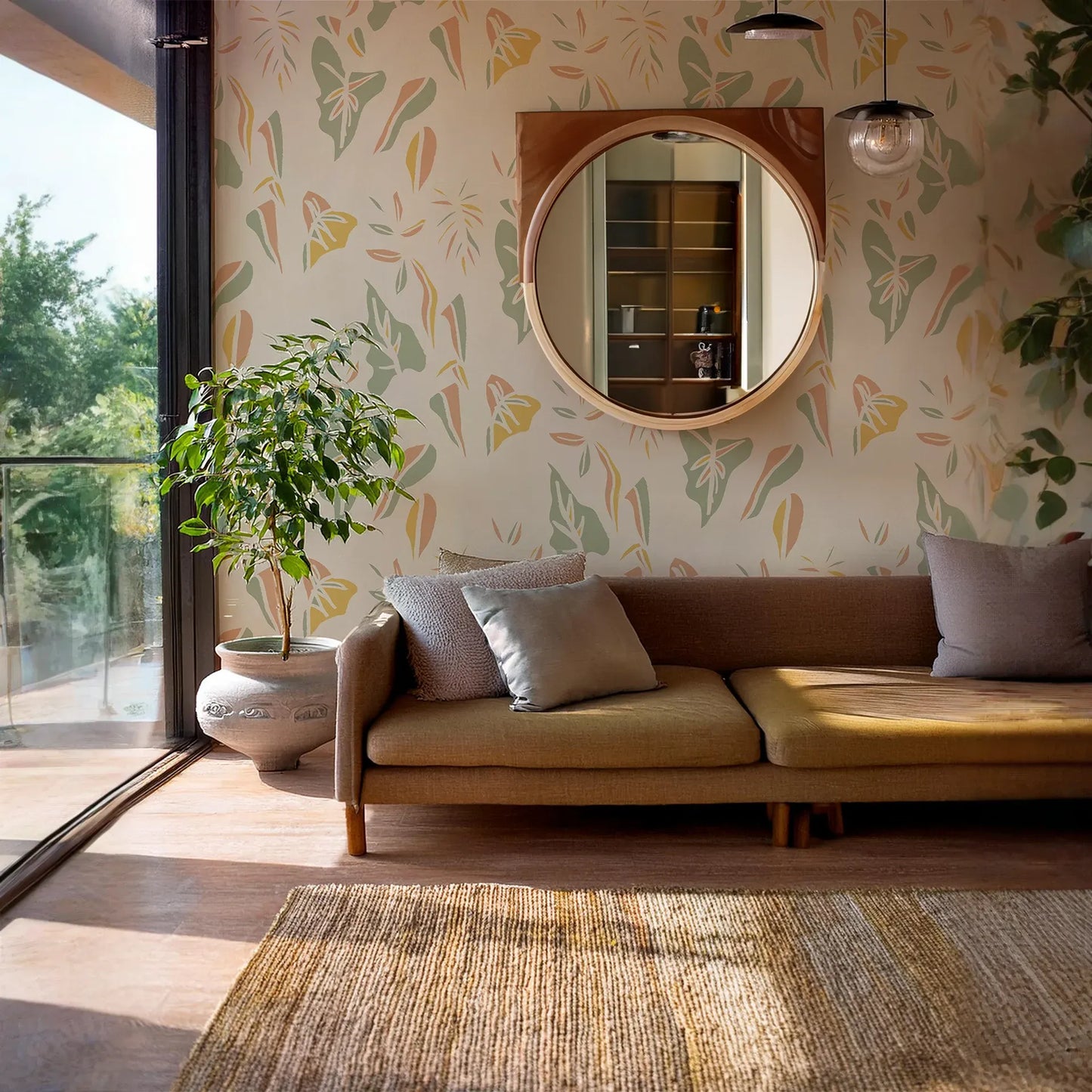 Block Print Foliage Wallpaper, tan and mint