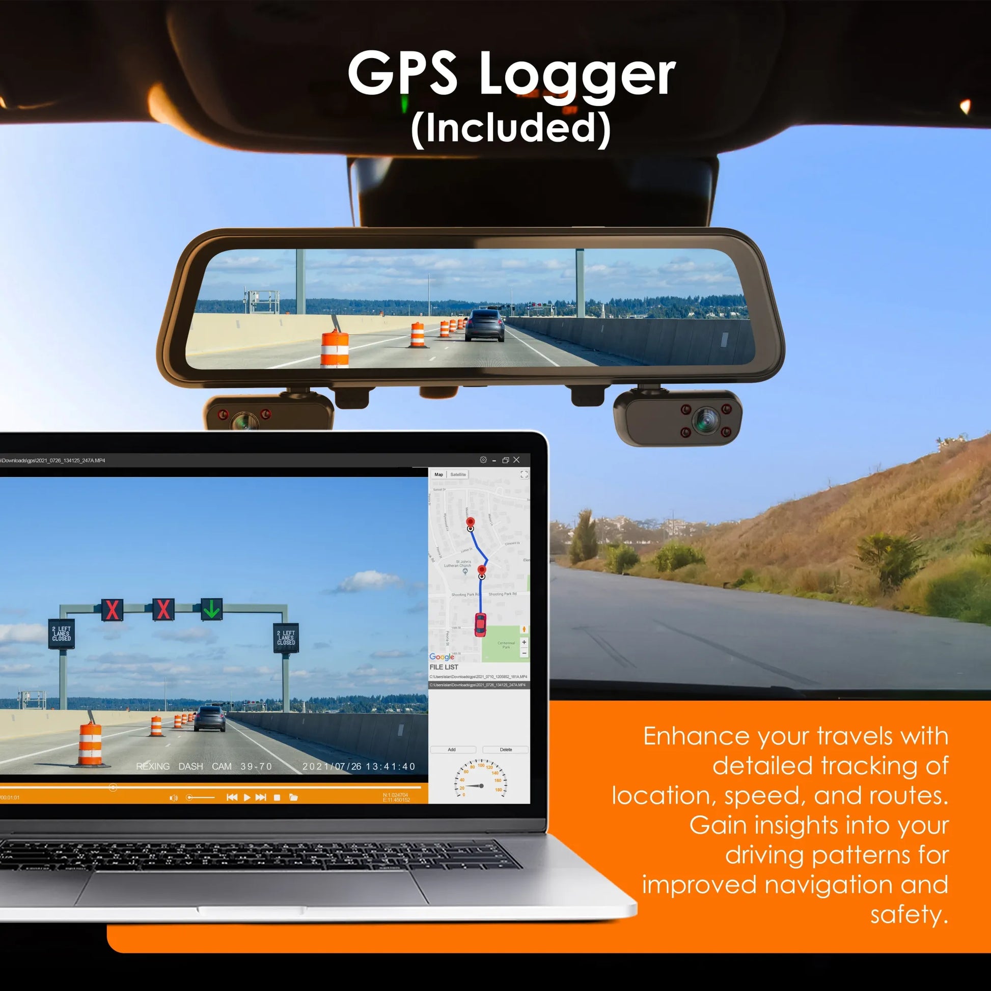 Rexing M4 4-CHANNEL MIRROR DASH CAM 12” Touch Screen Mirror Dash Cam, 1080p with GPS