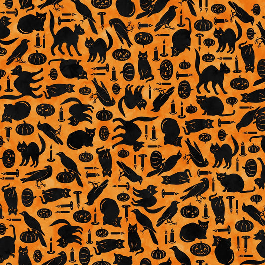 Maywood Studio Halloween Spooky Hollow Cats and Crows on Orange 100% Cotton Fabric By the Yard