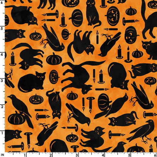 Maywood Studio Halloween Spooky Hollow Cats and Crows on Orange 100% Cotton Fabric By the Yard
