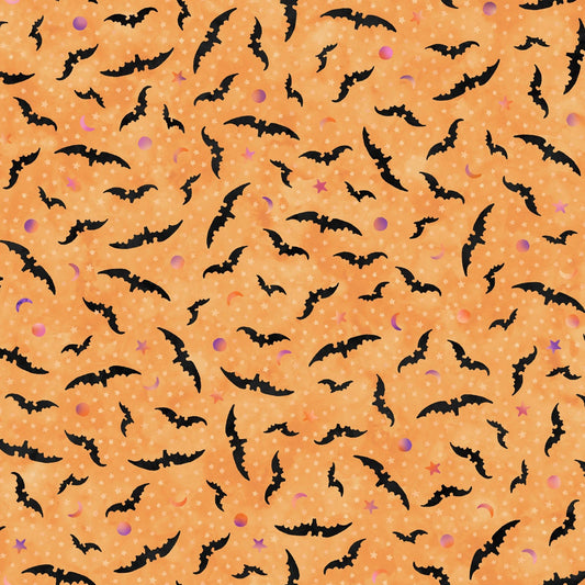Maywood Studio Halloween Spooky Hollow Black Bats on Orange 100% Cotton Fabric By the Yard