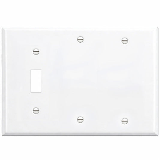 3-Gang White Painted Metal Wallplate with 1 Toggle Opening and 2 Blank, Standard Size, Made in USA