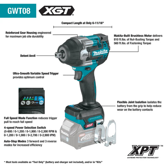 Makita GWT08Z 40V max XGT® Brushless Cordless 4‑Speed Mid‑Torque 1/2" Sq. Drive Impact Wrench w/ Detent Anvil, Tool Only