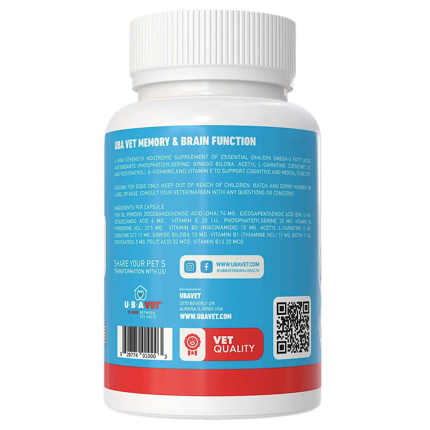 UBAVET Memory & Brain Support for Senior Dogs – 90 ct Cognitive Health Supplement
