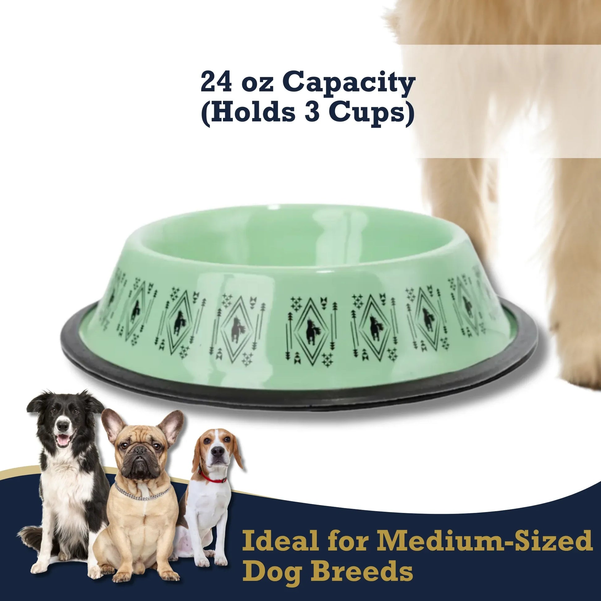 Non-Skid Boho Stainless Steel Dog Bowl – with Whimsical Unicorn Design, Silicone Base for Medium Dogs – 24oz