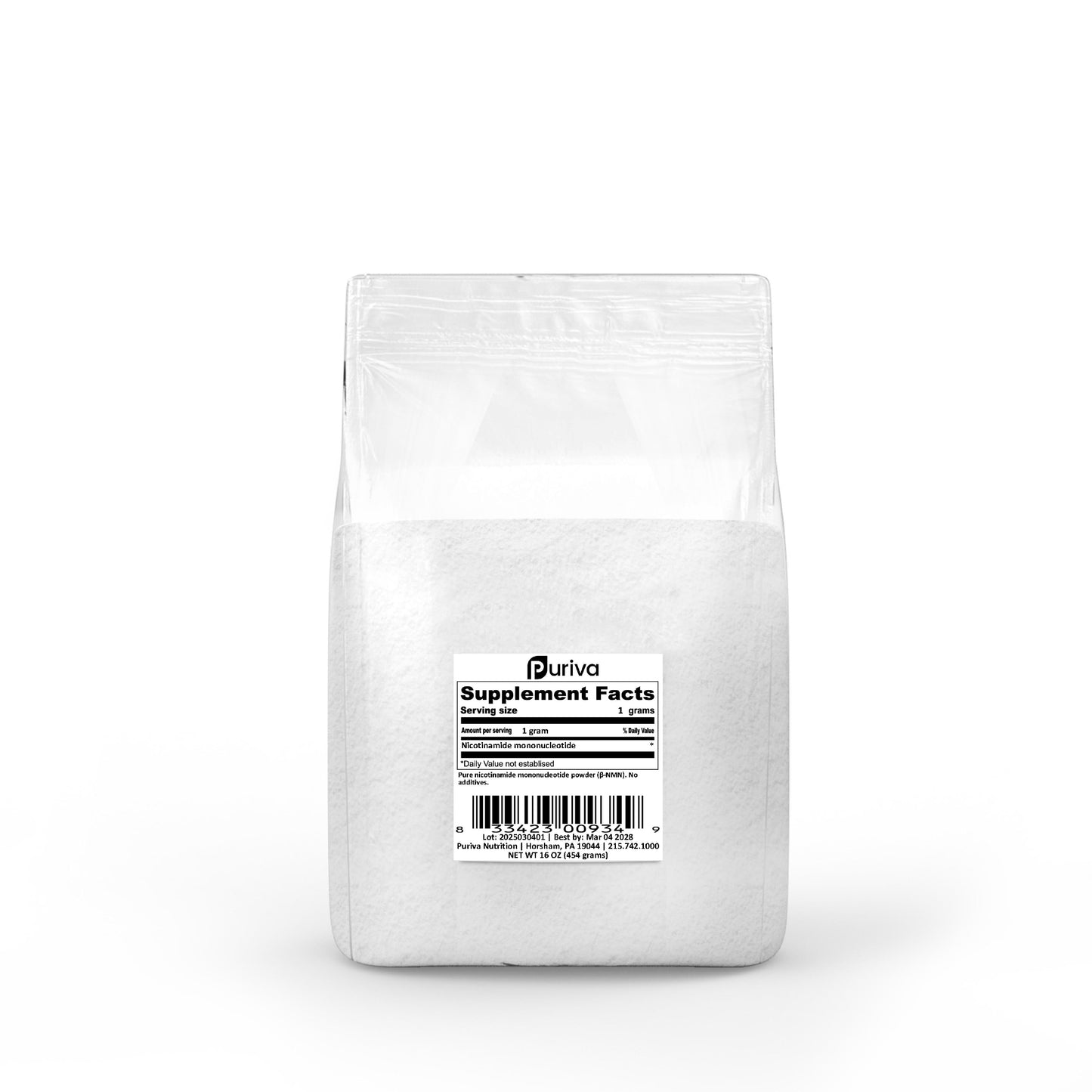 Pure NMN powder (Nicotinamide mononucleotide | β-NMN) NAD+ precursor, 454 grams, Puriva Nutrition