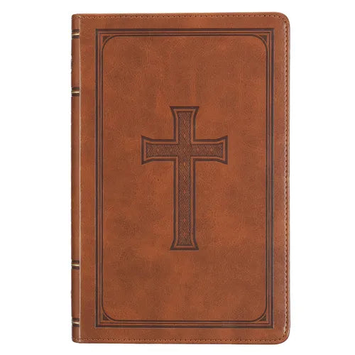 KJV Holy Bible, Standard Size Faux Leather Red Letter Edition Thumb Index, Ribbon Marker, King James Version, Honey Brown Cross Emblem
