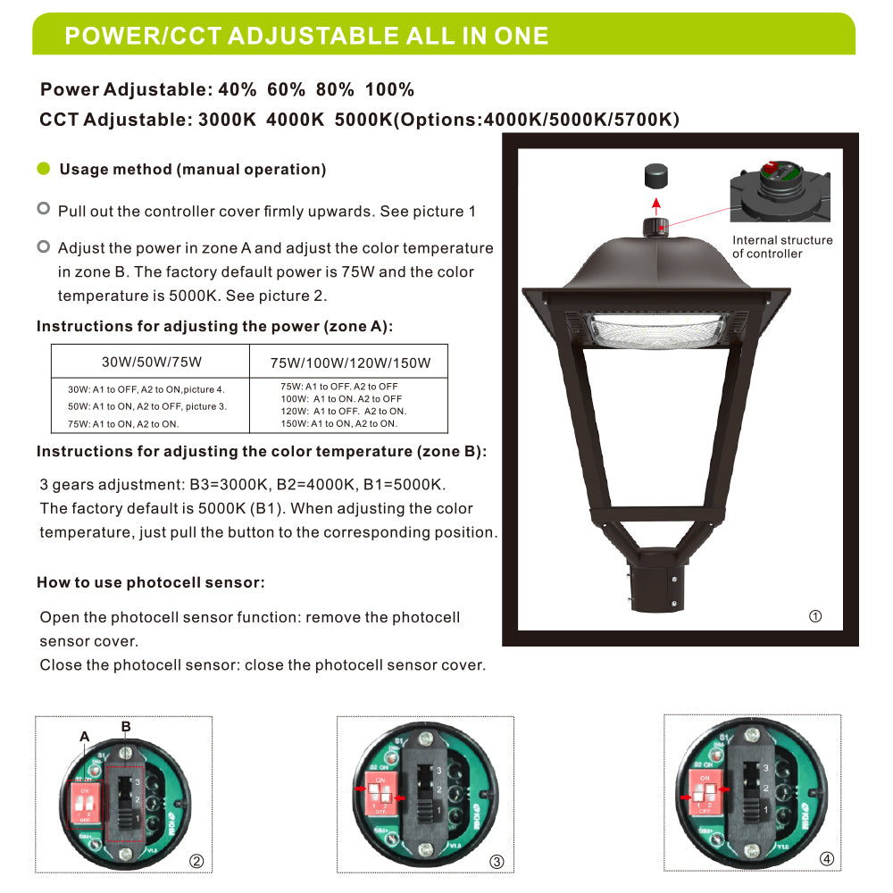 LED Lantern Post Top Pole Lights 30W/50W/75W Watt Tunable 3000K/4000K/5000K 100-277V Area Light for Garden Yard Road
