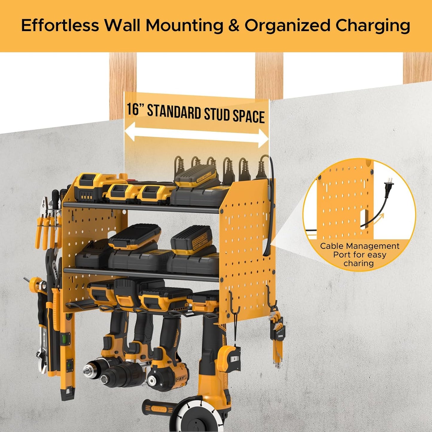 Power Tool Organizer Wall Mount, Cordless Drill Holder with 8-Outlet Power Strip, Modular Garage Organization Storage Rack 36 Months Warranty