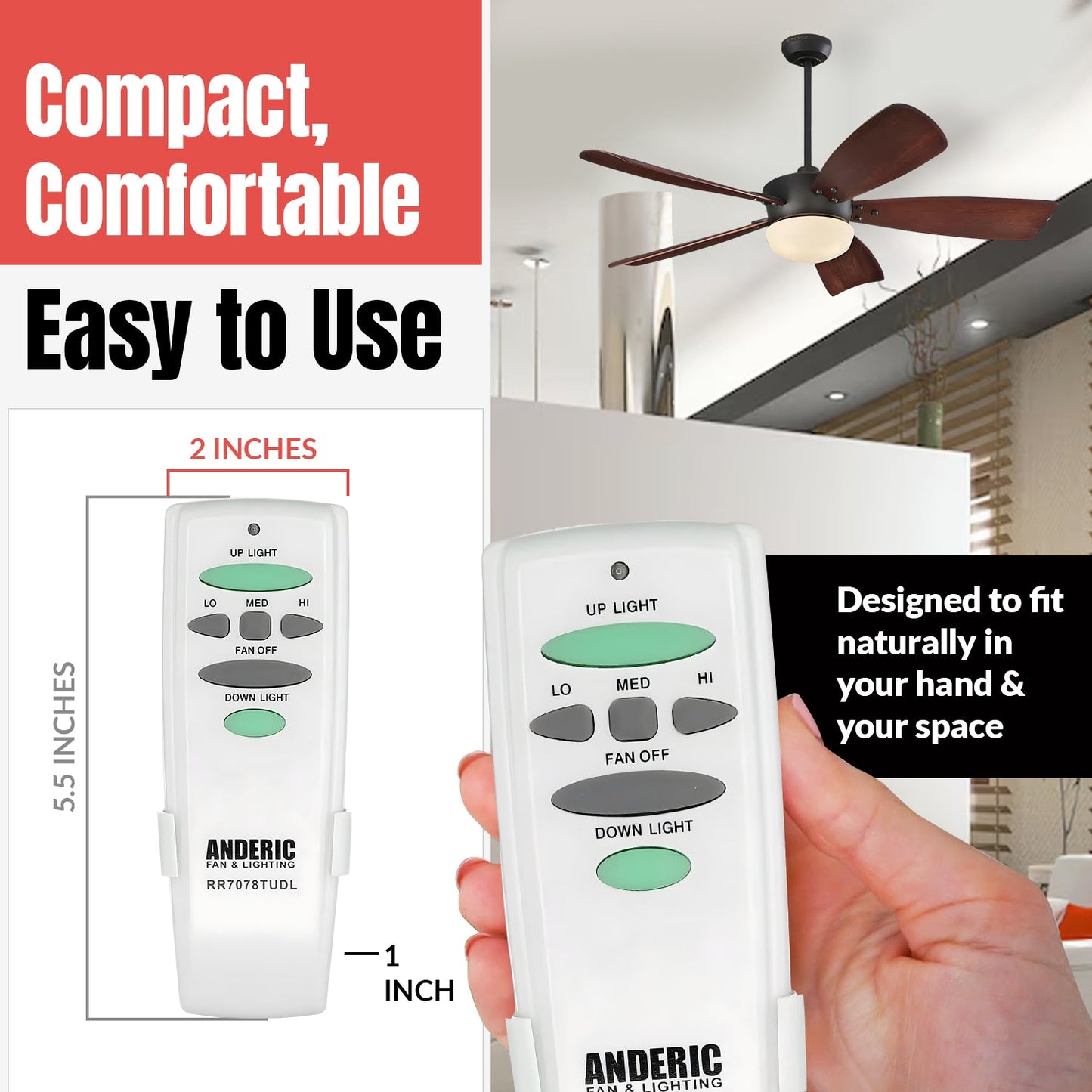 Anderic RR7078TUDL Replacement Ceiling Fan Remote Control for Hampton Bay UC7078T with Up/Down Light Keys, and Others | CHQ7078T