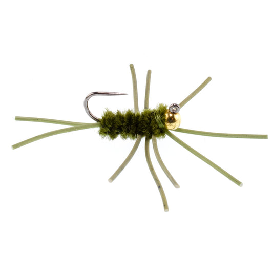 Barbless Pat's Rubber Legs Tungsten Bead Jigged Dark Olive Euro Nymph - Set of 12 Flies Hook Size 10