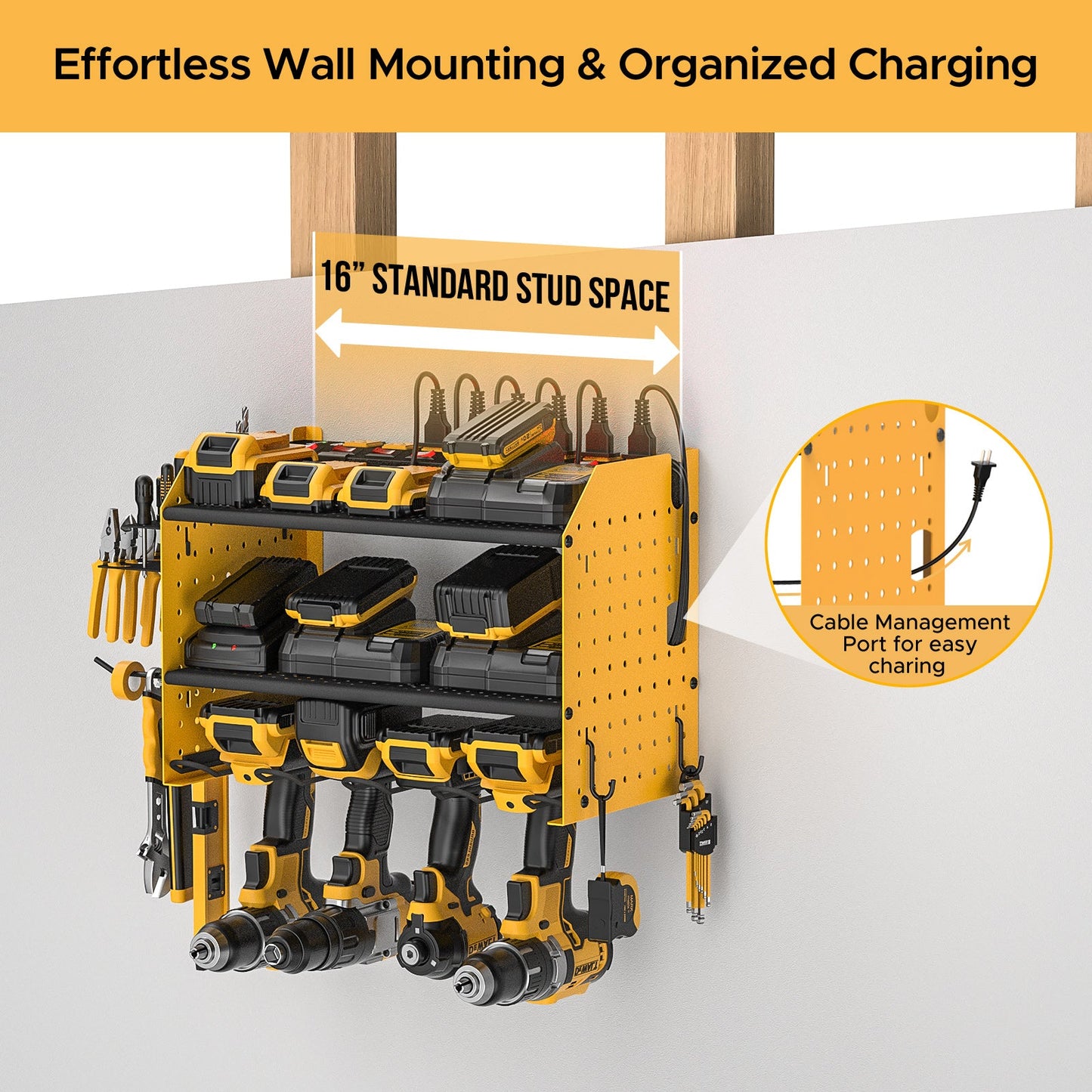 3 Layers Power Tool Organizer Wall Mount with Charging Station, Garage Tool Storage Rack Shelf with 8-Outlet Individual Switches Power Strip