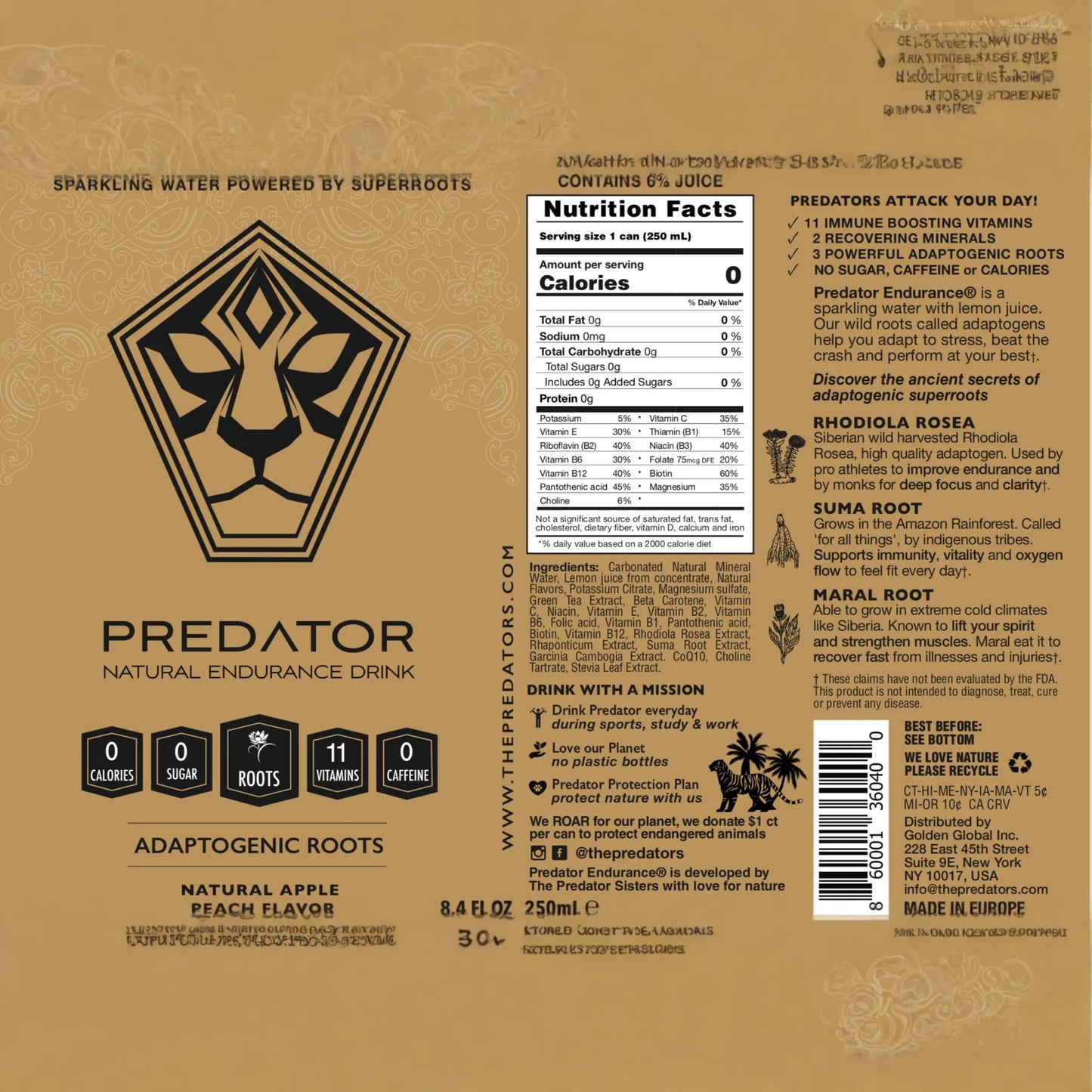 Predator Endurace Gold - Apple Peach - Adaptogens: Rhodiola Rosea, Leuzea Root, Suma Root - No Sugar and No caffeine -12-pack
