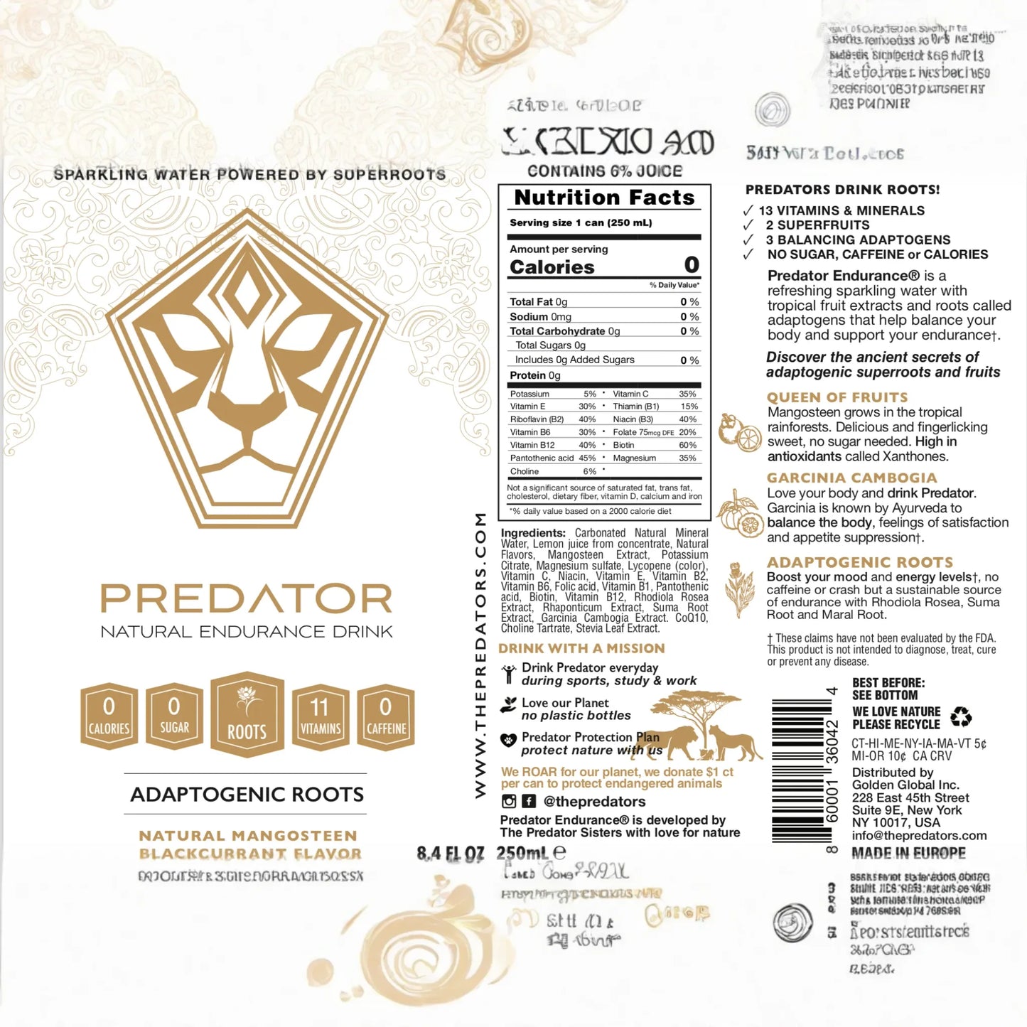 Predator Endurace White - Mangosteen Blackcurrant - Adaptogens: Rhodiola Rosea, Leuzea Root and Suma Root - No caffeine and No sugar - 12-pack