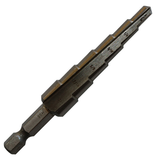 #1 HSS Quick Change Hex Shank Step Drill Bit, (1/8"- 1/2 by 1/32"), VAC1HEX