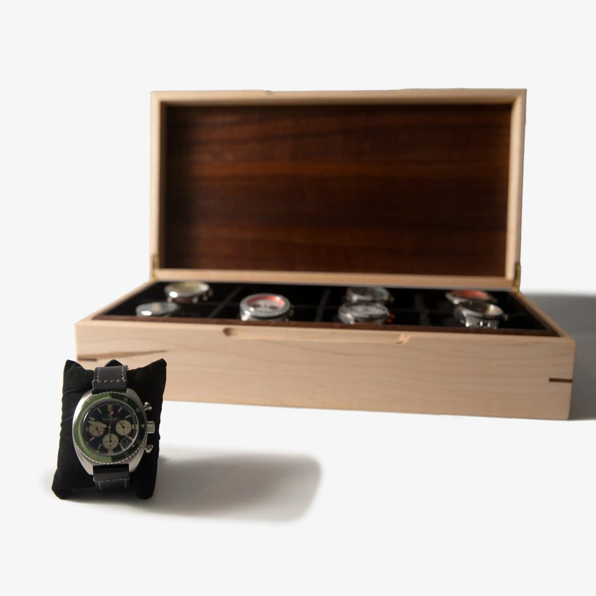 Watch Box - Curly Maple and Sapele Mahogany - 8 Watch Compartments - 🆕 New Arrivals, All Products, Products from Red Ridge Woodworking, 💄 Health + Beauty - Little Red General Store