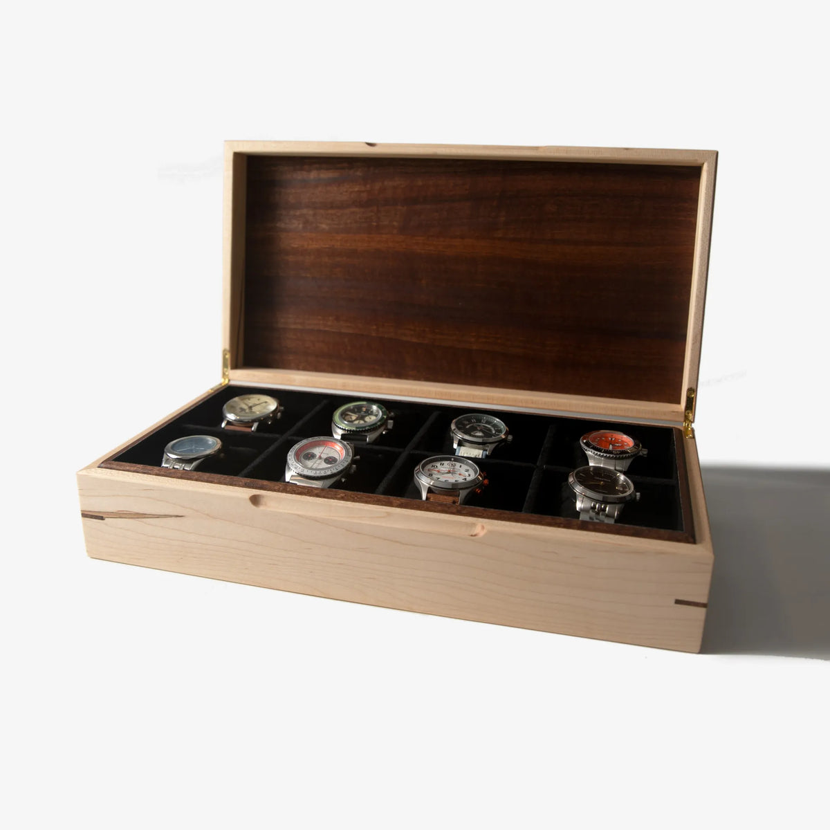 Watch Box - Curly Maple and Sapele Mahogany - 8 Watch Compartments - 🆕 New Arrivals, All Products, Products from Red Ridge Woodworking, 💄 Health + Beauty - Little Red General Store