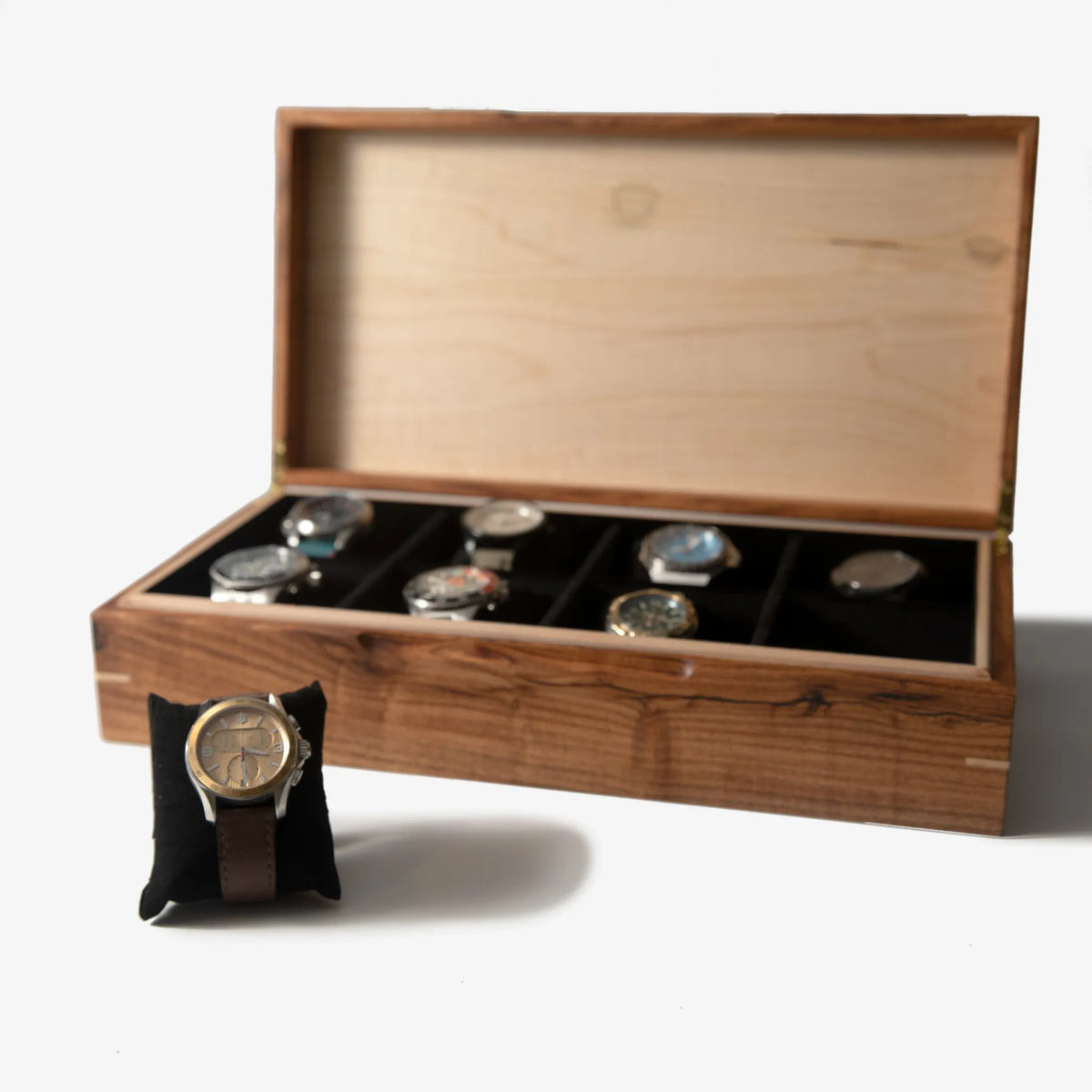 Watch Box - Desert Mesquite and Curly Maple - 8 Watch Compartments - 🆕 New Arrivals, All Products, Products from Red Ridge Woodworking, 💄 Health + Beauty - Little Red General Store