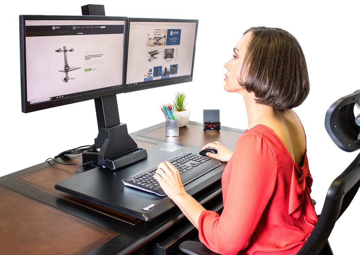 Star Ergonomics Dual Monitor Electric Sit-Stand Workstation, Black, Keyboard Tray, SE05E2WB