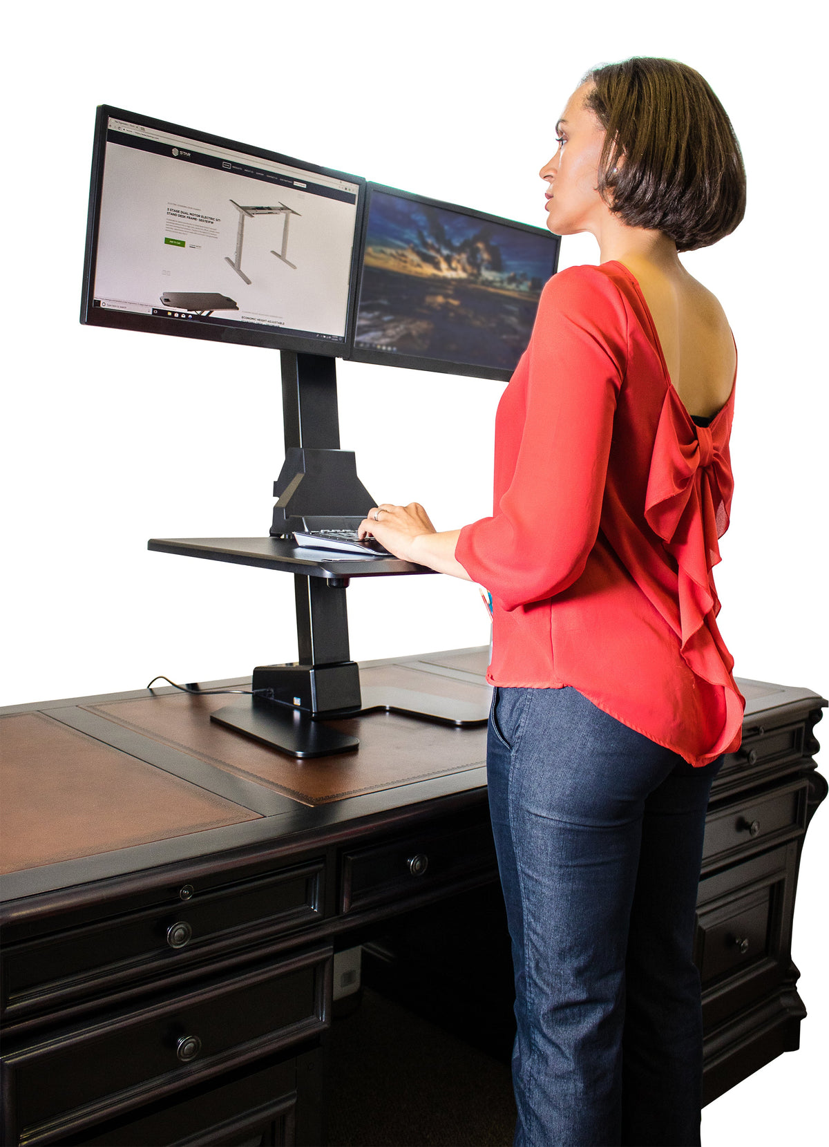 Star Ergonomics Dual Monitor Electric Sit-Stand Workstation, Black, Keyboard Tray, SE05E2WB
