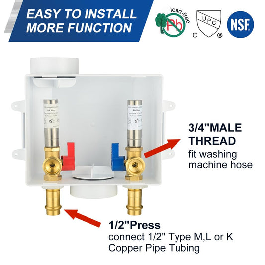 1/2" Copper Press Inlet, Washing Machine Outlet Box, with SS Water Hammer Arrestor, Center Drain