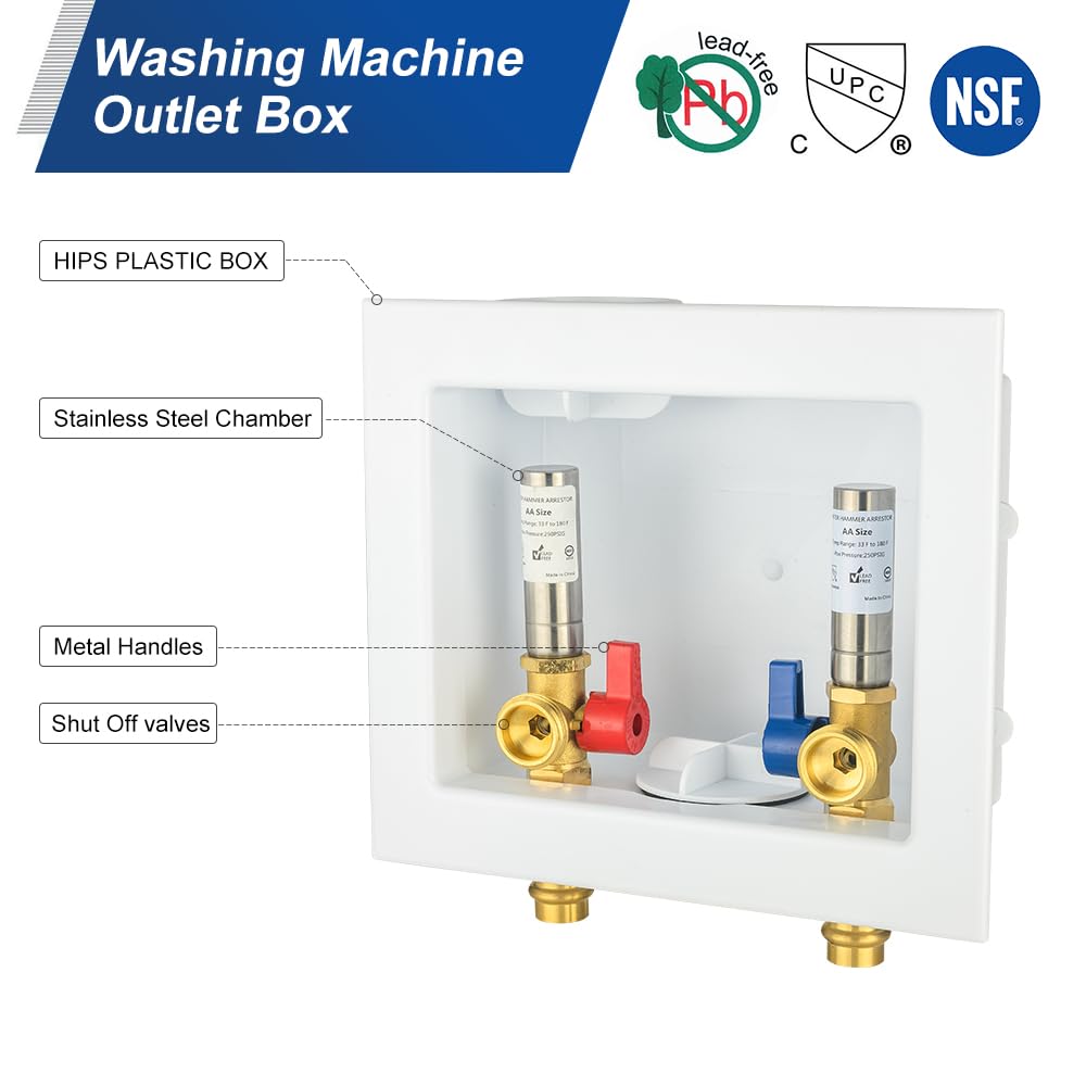 1/2" Copper Press Inlet, Washing Machine Outlet Box, with SS Water Hammer Arrestor, Center Drain