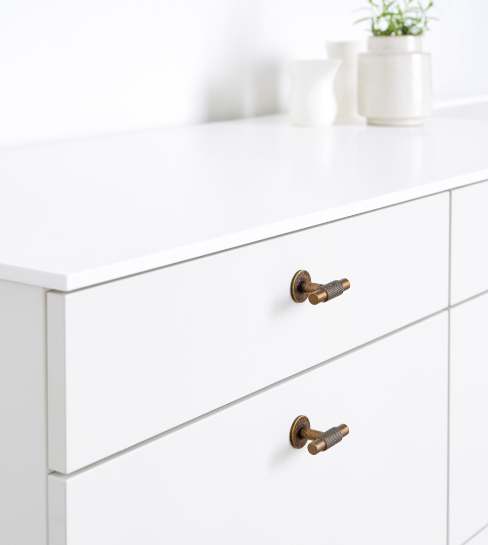 Knurled Backplate Antique Bronze "Manor" Knobs and Drawer Pulls