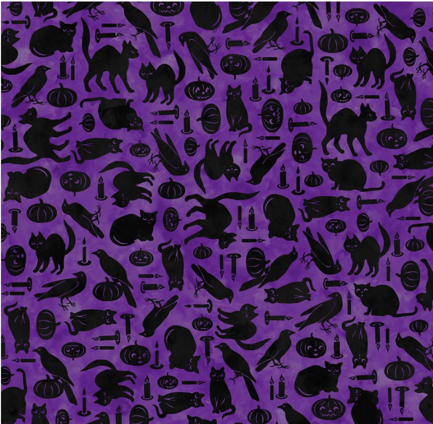 Maywood Studio Halloween Spooky Hollow Cats and Crows on Purple 100% Cotton Fabric By the Yard