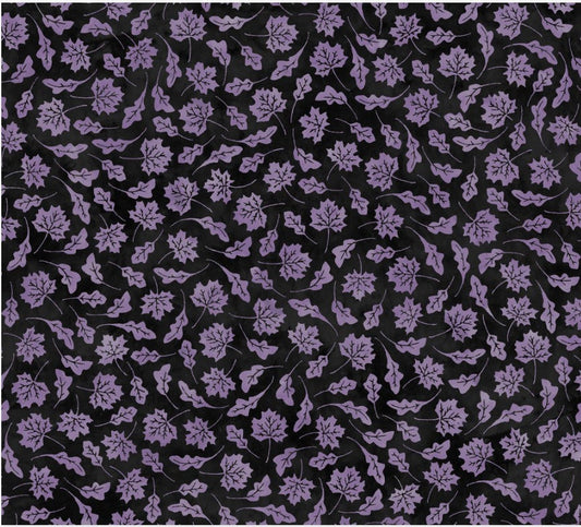 Maywood Studio Halloween Spooky Hollow Purple Leaves on Black 100% Cotton By the Yard