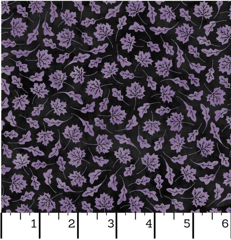 Maywood Studio Halloween Spooky Hollow Purple Leaves on Black 100% Cotton By the Yard