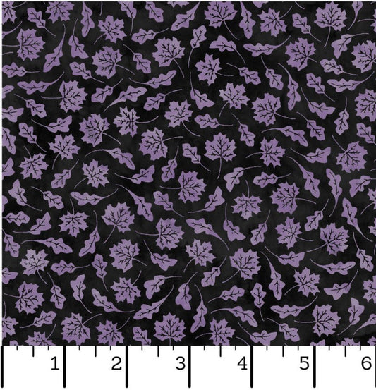Maywood Studio Halloween Spooky Hollow Purple Leaves on Black 100% Cotton By the Yard