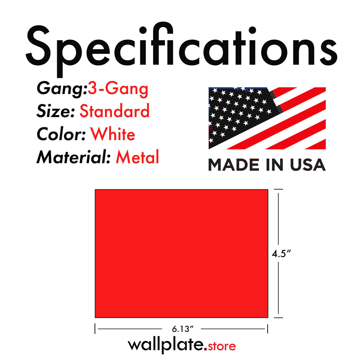 3-Gang White Painted Metal Wallplate with 1 Toggle Opening and 2 Blank, Standard Size, Made in USA