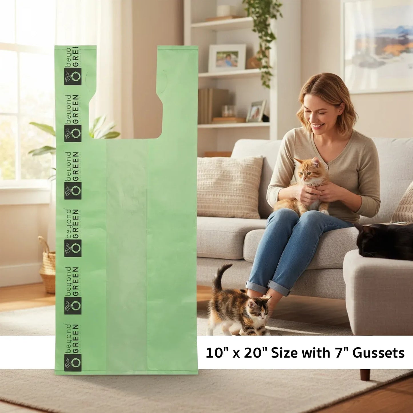 Large Green Cat Litter Bags – 10" x 20" with 7" Gusset & Handles – Made in USA