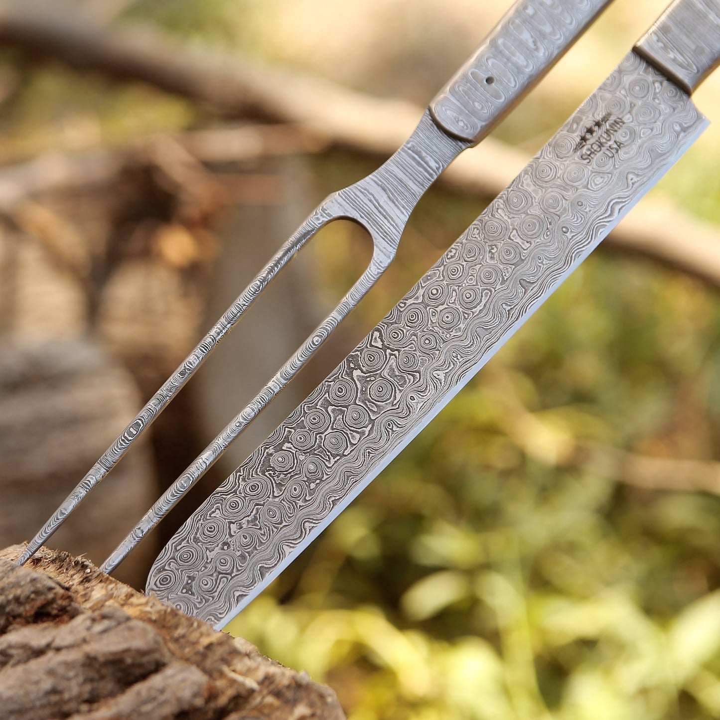 Silverstar Handmade Damascus Steel Carving Knife & Fork Set with Leather Knife Roll