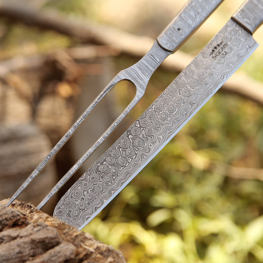 Silverstar Handmade Damascus Steel Carving Knife & Fork Set with Leather Knife Roll