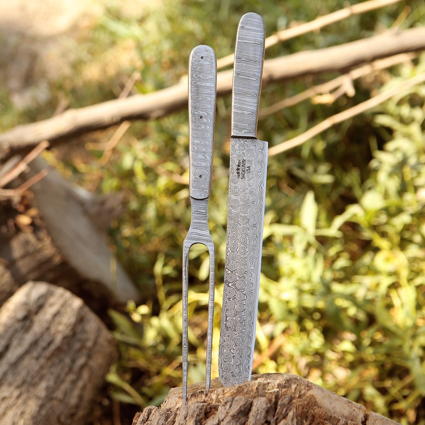 Silverstar Handmade Damascus Steel Carving Knife & Fork Set with Leather Knife Roll
