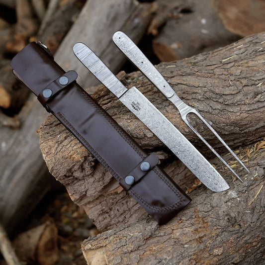 Silverstar Handmade Damascus Steel Carving Knife & Fork Set with Leather Knife Roll