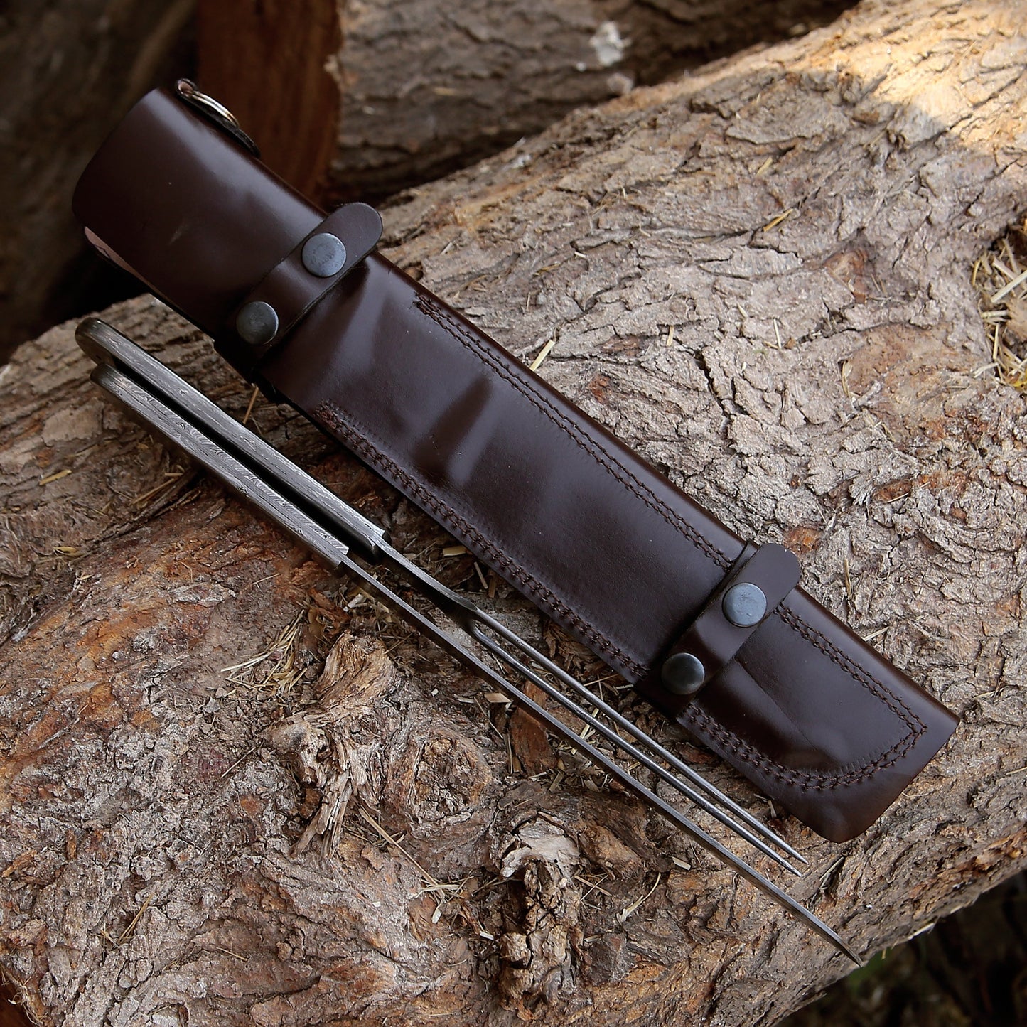 Silverstar Handmade Damascus Steel Carving Knife & Fork Set with Leather Knife Roll