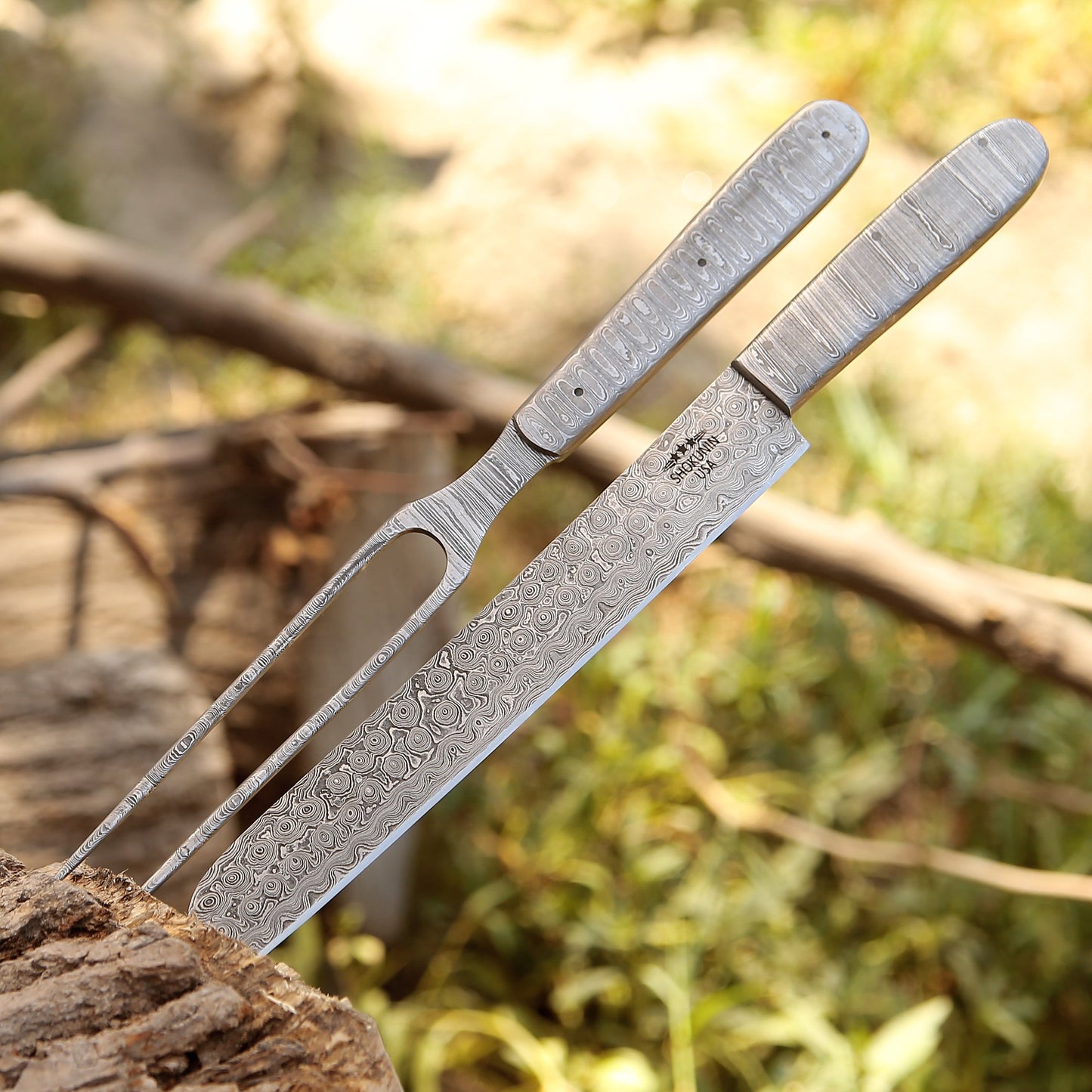 Silverstar Handmade Damascus Steel Carving Knife & Fork Set with Leather Knife Roll