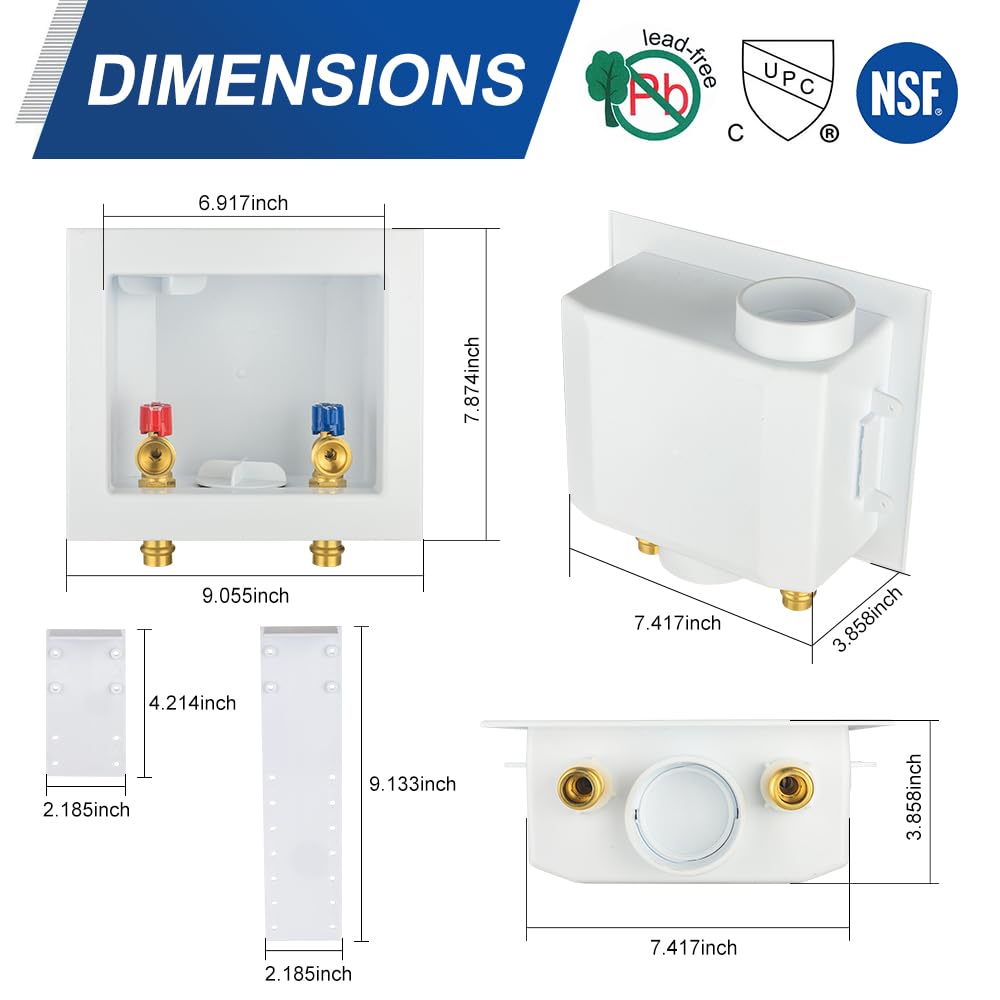 1/2" Copper Press Inlet, Washing Machine Outlet Box, Center Drain